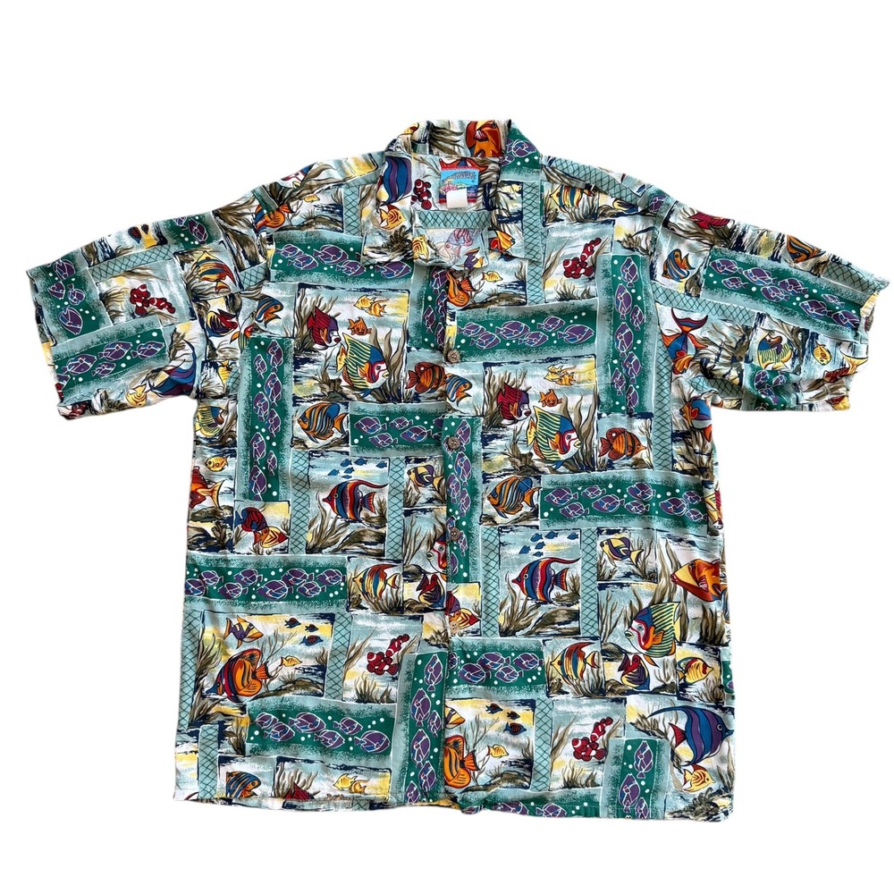 Joe Kealoha's Hawaiian Shirt Mens XL Teal Rayon Tropical Fish Aquarium Print Vtg
